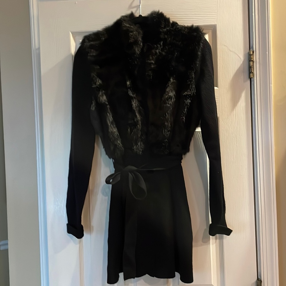 Beautiful black mid length sweater with belt top is a faux fur, casual or dress